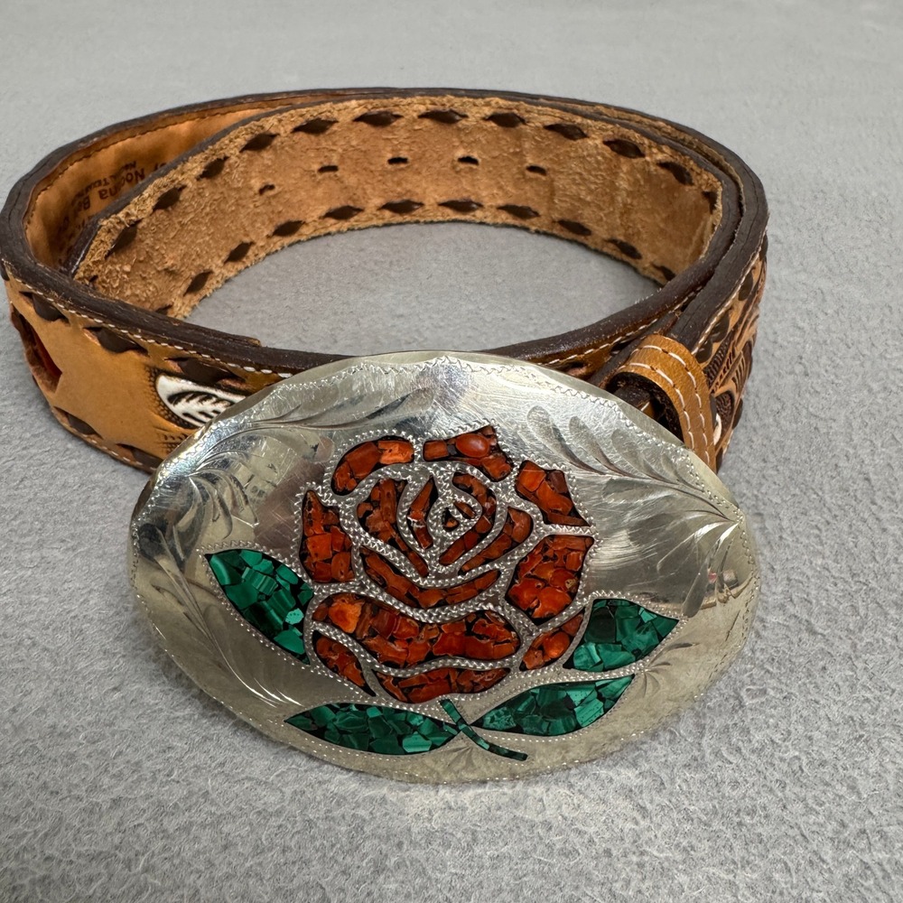 Nocona Belt Co Kona Kut Leather Belt 30 Brown Tooled Floral Rose Mosaic Buckle